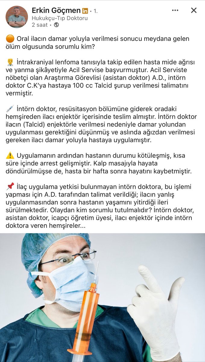 Sevgili öğrencilerim, bu durum ile hepimiz karşı karşıya gelebiliriz.Lütfen bir ilacı uygulamadan önce KİME ve NASIL uygulanacağını mutlaka TEYİT(!) ettirin.Aksi takdirde hesabını veremeyeceğimiz ciddi bir ihlale sebep olabiliriz. Aldığınız eğitimlerin bilinciyle hareket ediniz.