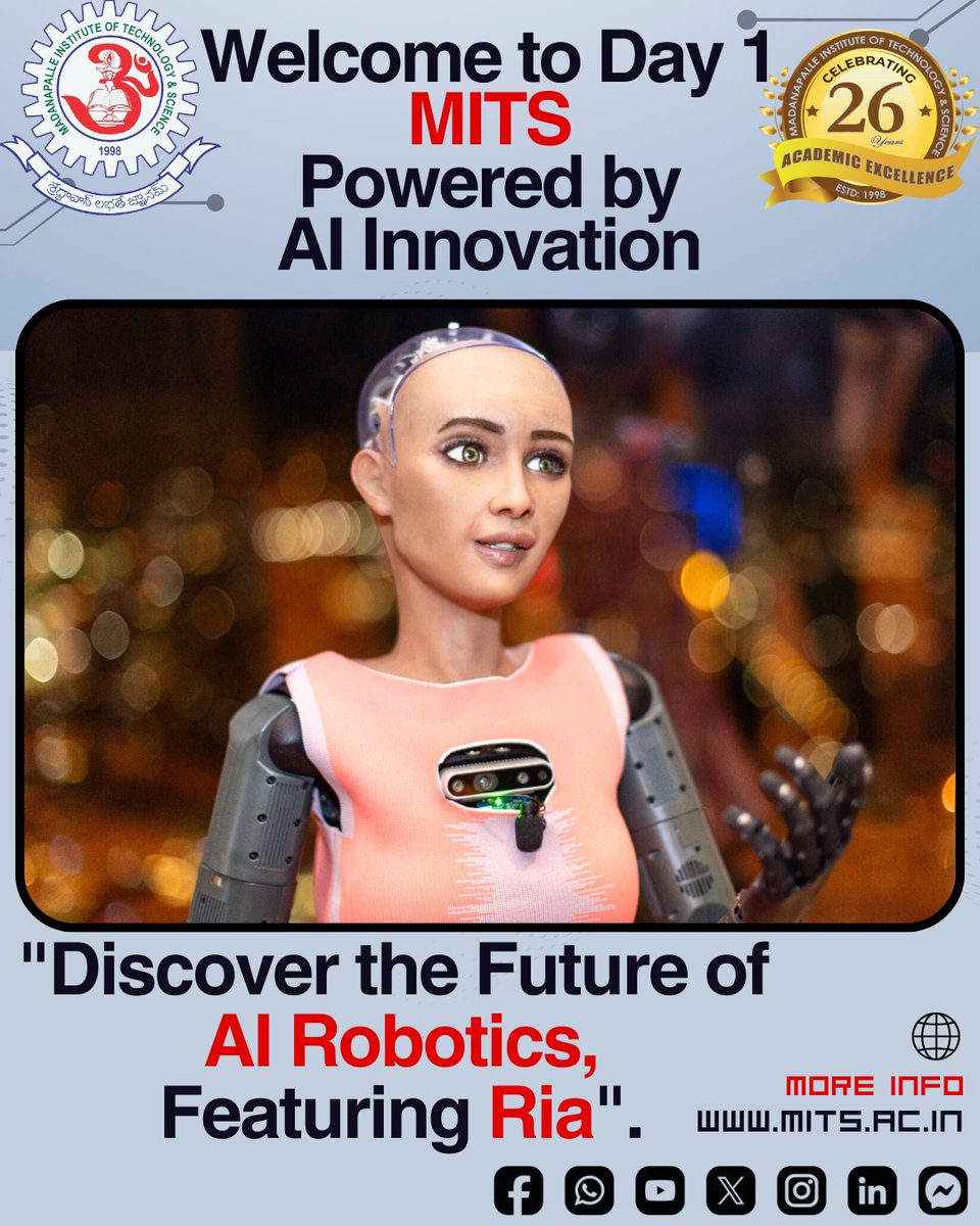 MITS_College's tweet image. 🚀 Orientation Day at #MITS!
🤖 "Discover the Future of AI Robotics, Featuring Ria" stole the show!
🎙️ Huge thanks to Sreekanth Sir for bringing Ria &amp;amp; inspiring our students with your words.
🙌 #Freshers2025 #Innovation 
🔗 mits.ac.in