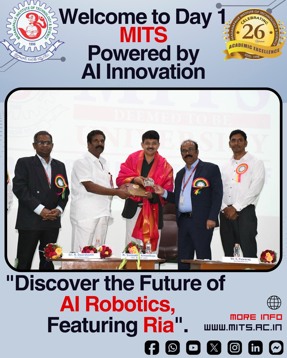 MITS_College's tweet image. 🚀 Orientation Day at #MITS!
🤖 "Discover the Future of AI Robotics, Featuring Ria" stole the show!
🎙️ Huge thanks to Sreekanth Sir for bringing Ria &amp;amp; inspiring our students with your words.
🙌 #Freshers2025 #Innovation 
🔗 mits.ac.in