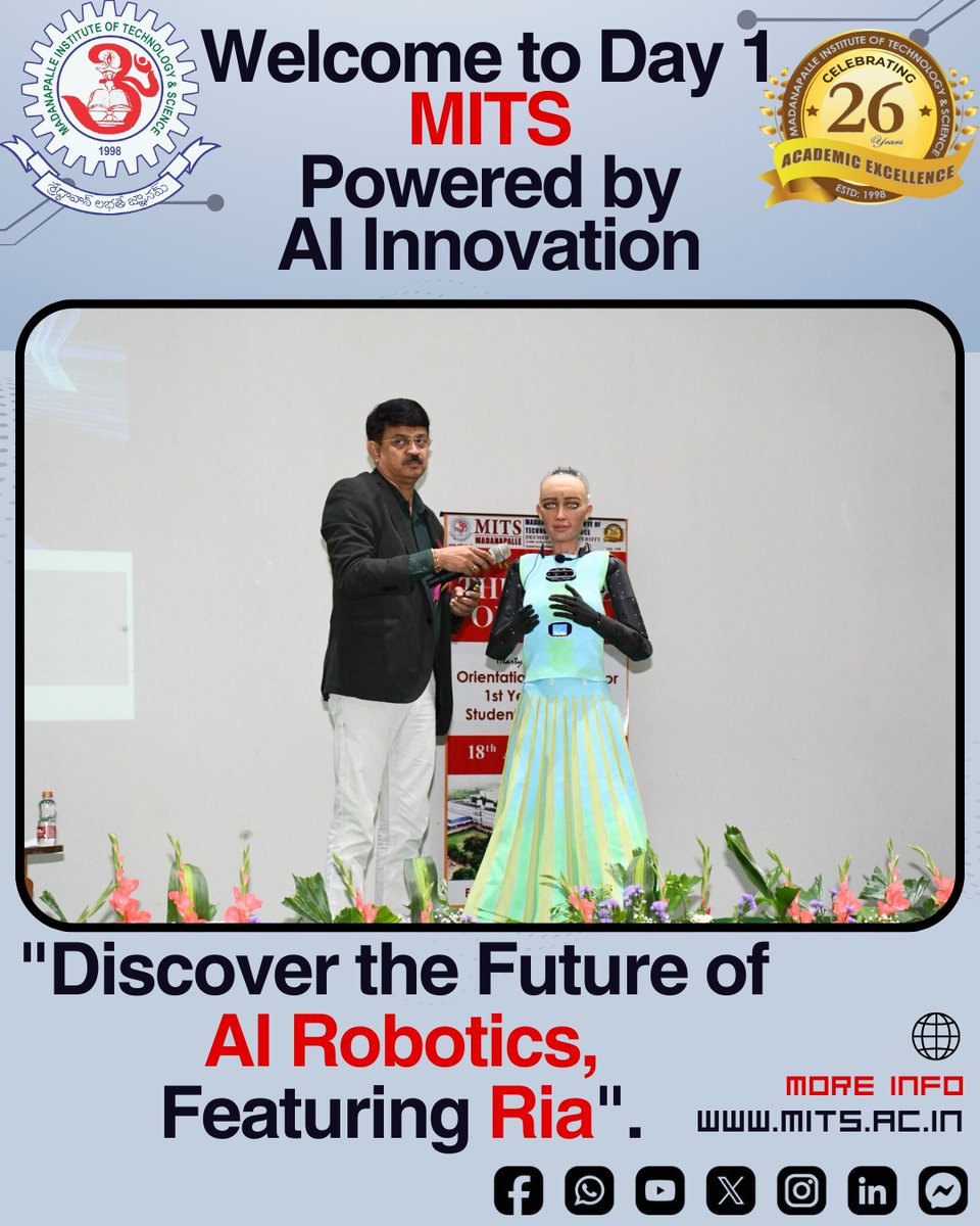 MITS_College's tweet image. 🚀 Orientation Day at #MITS!
🤖 "Discover the Future of AI Robotics, Featuring Ria" stole the show!
🎙️ Huge thanks to Sreekanth Sir for bringing Ria &amp;amp; inspiring our students with your words.
🙌 #Freshers2025 #Innovation 
🔗 mits.ac.in