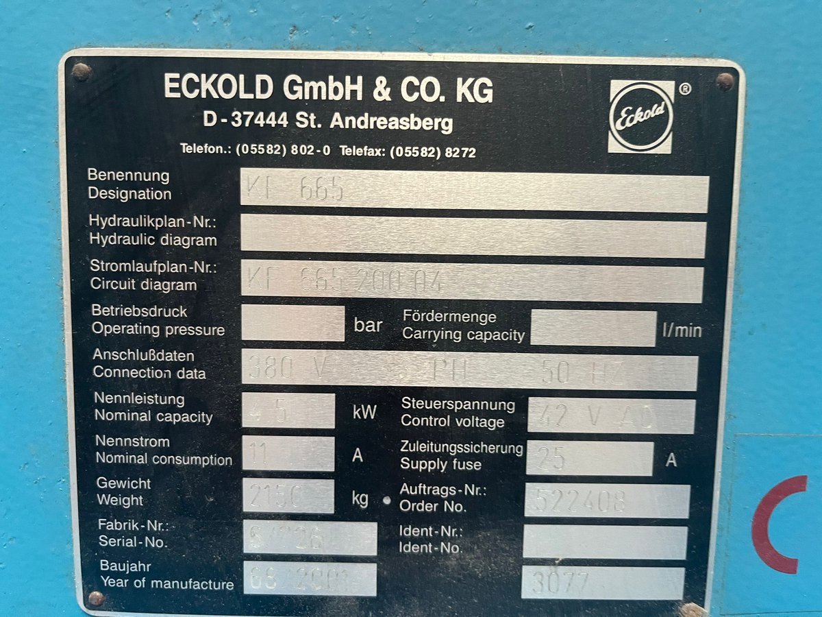 mach4metal's tweet image. Eckold Kraftformer KF 665  
Number of strokes150 / 300 / 600Min.
Maximum sheet thickness 6.0mm
Horizontal troath 675mm
Vertical troath 450mm
Max. thickness Stainles 4.0mm
Max. thickness Aluminium 8.0mm
Motorised ram adjustment 0 - 80
Power 4.1kW
#kraftformer #eckold #KF665