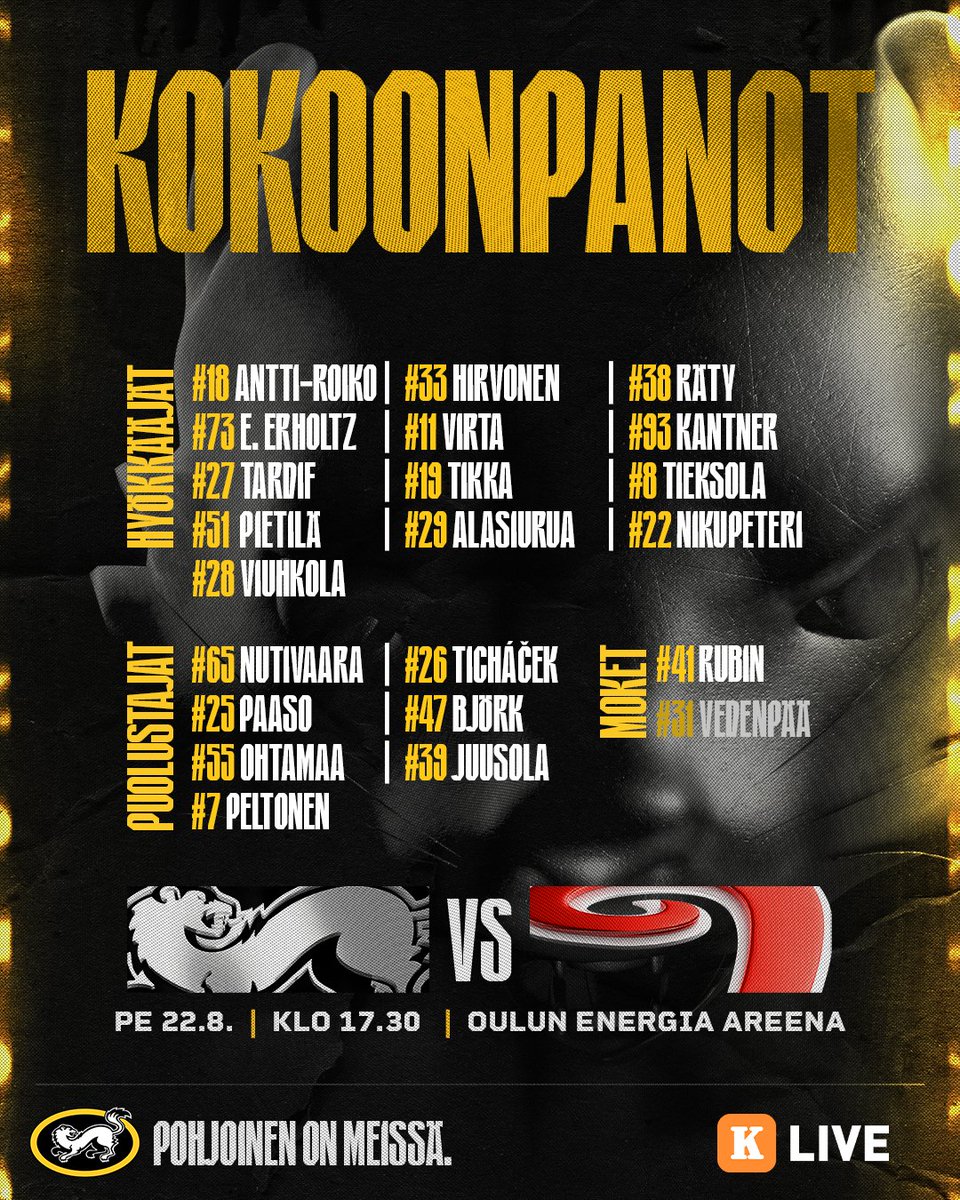 Tällä kokoonpanolla lähdetään vääntämään JYP:iä vastaan! 💪🏻💛🖤

🆚  JYP
⏰ 22.8. klo 17:30
📍 Oulun Energia Areena
🎫 ticketmaster.fi/karpat
📺 KalevaLive

#Kärpät #Liiga