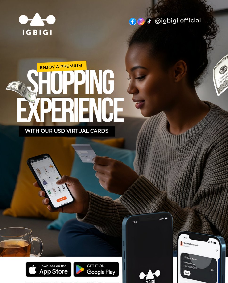 Enjoy a premium shopping experience when you use the igbigi app for your deals, Enjoy top notch services with our virtual USD cards! Clear your carts today!

#Igbigi
#Shopping
#VirtualCards