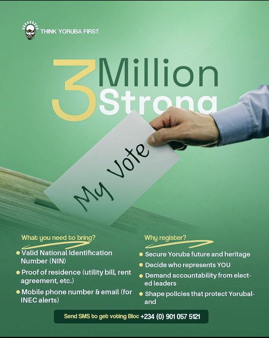 Great IFE (@thegreatestife) on Twitter photo We join the #3MillionStrong Campaign by <a href="/ThinkYoruba_1st/">THINK YORUBA FIRST</a>
Get your PVC now. God bless Yorubaland!
No PVC = No voice, No future!
Join the 3 MILLION PVC DRIVE now!
WhatsApp: wa.me/+2349010575121 with your name and details. Think Yoruba First. ✊🏾 #PVCChallenge #3MillionStrong We join the #3MillionStrong Campaign by <a href="/ThinkYoruba_1st/">THINK YORUBA FIRST</a>
Get your PVC now. God bless Yorubaland!
No PVC = No voice, No future!
Join the 3 MILLION PVC DRIVE now!
WhatsApp: wa.me/+2349010575121 with your name and details. Think Yoruba First. ✊🏾 #PVCChallenge #3MillionStrong