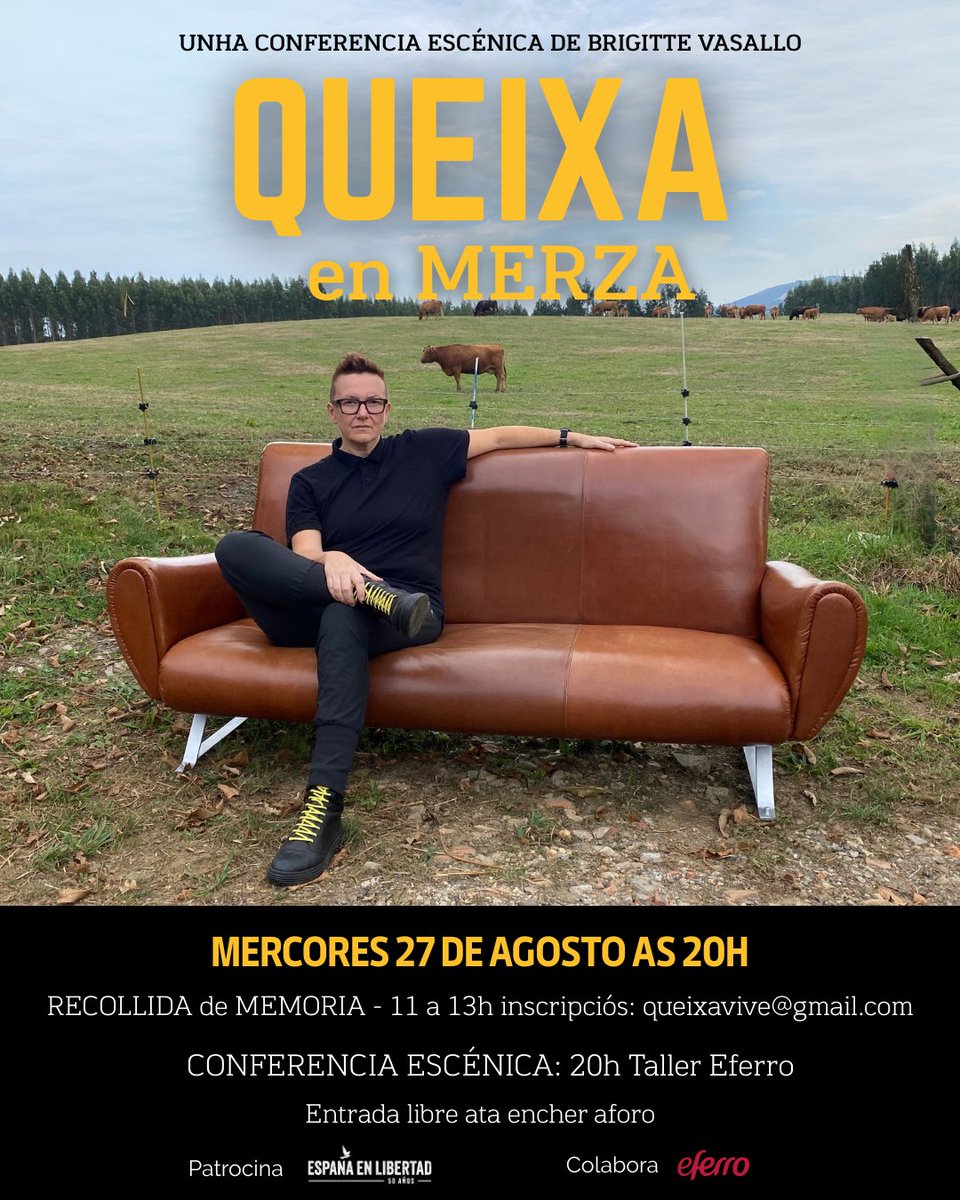 50enLibertad's tweet photo. 🔔El próximo miércoles, 27/08, "Queixa" llega a #Merza (Pontevedra).
📝Recogida de memoria:
11 - 13 h
Actividad gratuita previa inscripción a través del correo queixavive@gmail.com
🗣️Conferencia escénica:
20 h
📍 Taller de Eferro. Reboredo 1, Merza. Vila de Cruces
Acceso libre hasta completar aforo.
Más información: https://t.co/NuMas1hBpc
#memoria #EspañaenLibertad