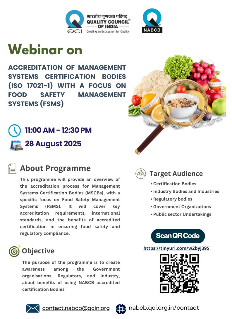 🚨 Upcoming Webinar Alert!
Join us on 28 Aug 2025 for an exclusive session on Accreditation of Management Systems Certification Bodies (ISO 17021-1) with a focus on Food Safety (FSMS).
🔗 Register now: lnkd.in/gE5duRKE
#Accreditation #Certification #ISO17021 #IAF #ILAC