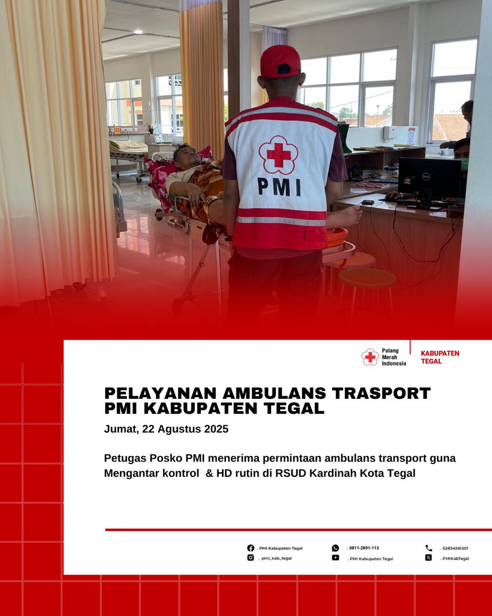 Kab. Tegal - Jateng l Jumat (22/08).

Petugas Posko PMI menerima permintaan ambulans transport guna Mengantar kontrol  &amp; HD rutin di RSUD Kardinah Kota Tegal

#PMIKabTegal
#PMISelaluBantu
#MenolongSepenuhHati
#TerusTebarKebaikan