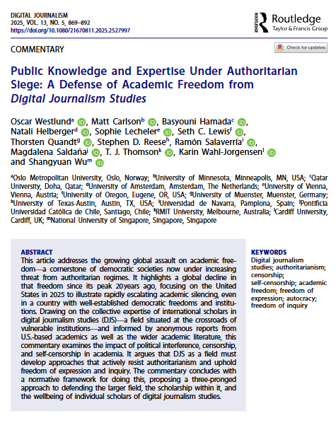 TOP DOWNLOADED ARTICLE! We’re happy to see so much traction for our commentary on defending #academic #freedom amid increasing authoritarianism in democratic societies. This article, penned by 13 senior scholars, is available for FREE ACCESS here:  bit.ly/47FH7M7.