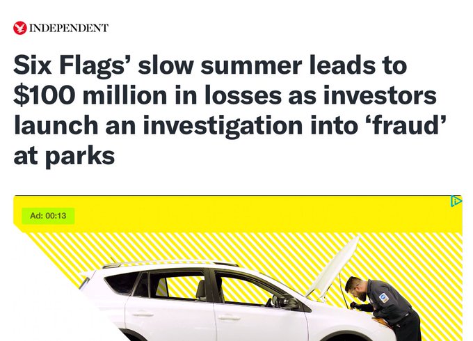 Yikes, 

Six Flags is feeling the pinch!  Over a million fewer visitors in Q2 and a $100M loss across their parks tough stuff. 

With the stock down 47% this year, it seems like folks are cutting back on fun outings.
