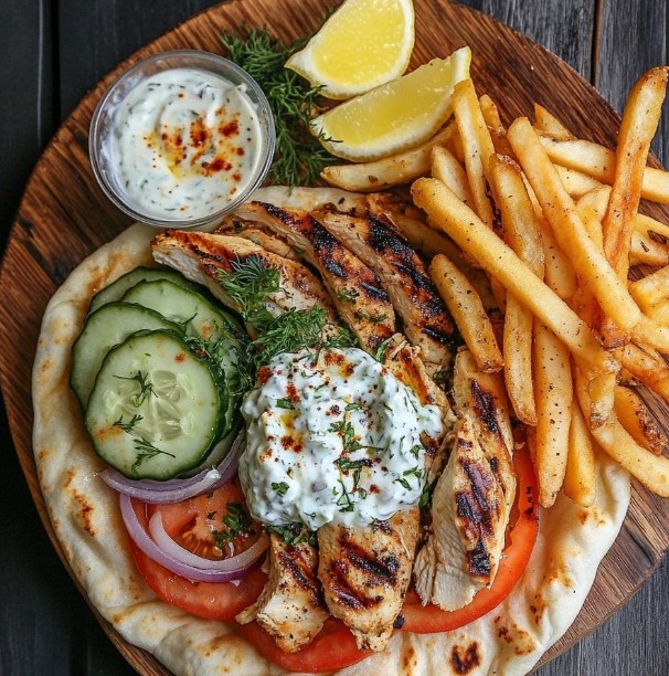 Grilled chicken souvlaki with tzatziki, fresh veggies, and golden fries—Mediterranean comfort at its best! 🌿🍋✨
