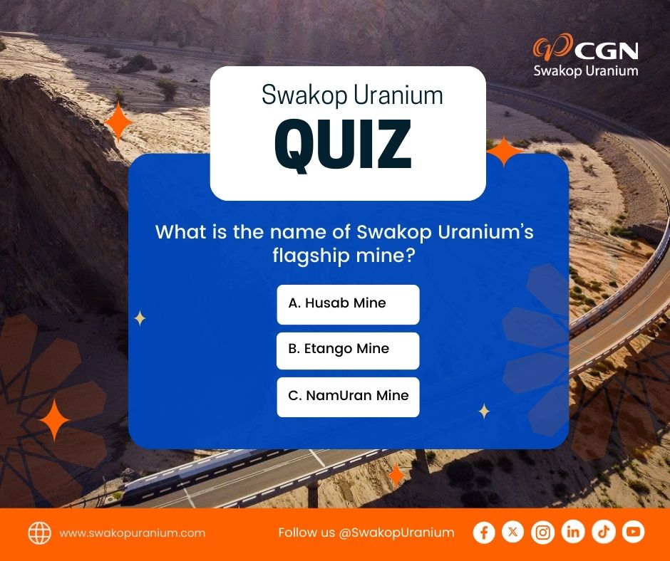 SwakopUranium's tweet photo. Tapping into your #SwakopUranium savvy. Letโs put your mining smarts to the test! What is the name of Swakop Uraniumโs flagship mine?
A) Husab Mine
B) Etango Mine
C) NamUran Mine
๐ง Show us what youโve got โก๏ธ Comment below! ๐ท๐ปโโ๏ธย #TeamSUย #MoreThanMiningย ๐๐งกย #SwakopUraniumQuiz https://t.co/kXNcqsjNcA