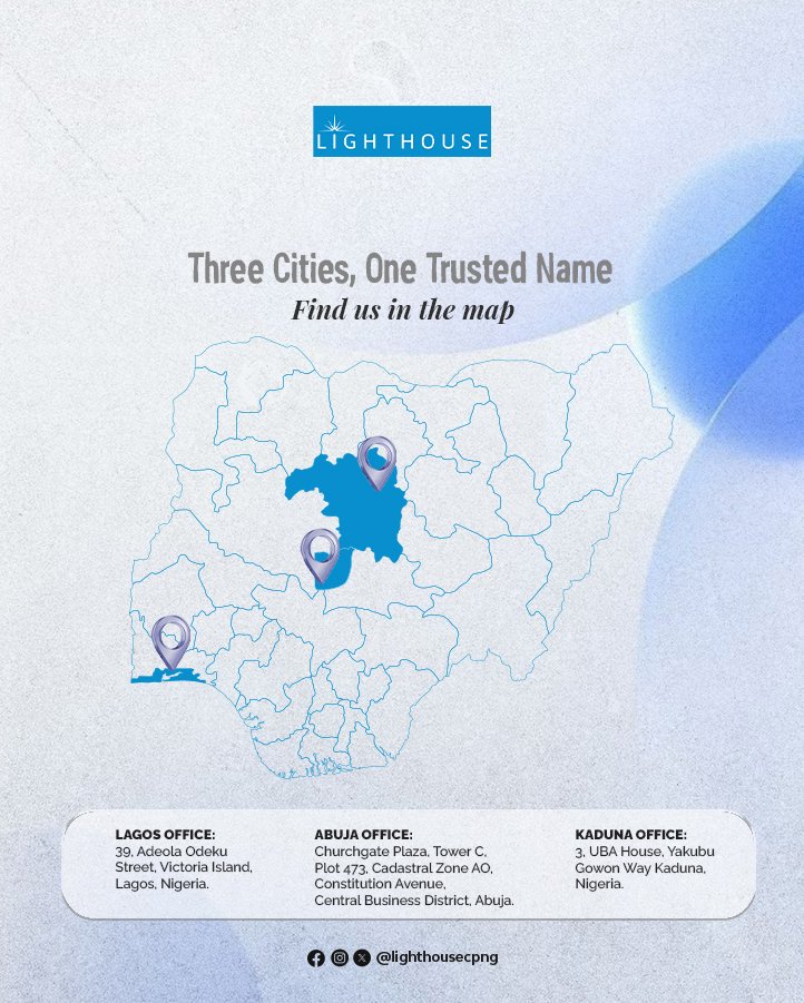 lighthousecpng's tweet photo. ✨From the heart of Lagos, the hub of Abuja, to the warmth of Kaduna 🇳🇬🌍

📍 Visit any of our representative offices and experience financial services you can trust.

#Lighthousecapital #Lighthousefinance #Lighthouseregistrars #connectwithus https://t.co/oX3TSU3YJz