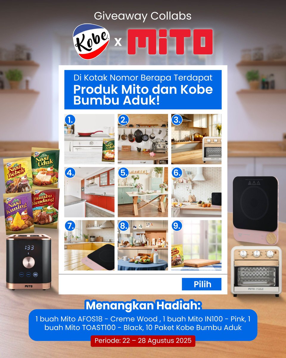 Siapa mau hadiah? Yuk Ikutan Giveaway Collabs Kobe X Mito!

Jawab soal berikut dan menangkan hadiah spesialnya, Di kotak nomor berapa produk Mito dan Kobe Bumbu Aduk berada?

Yuk jawab dan menangkan spesialnya! Good luck..