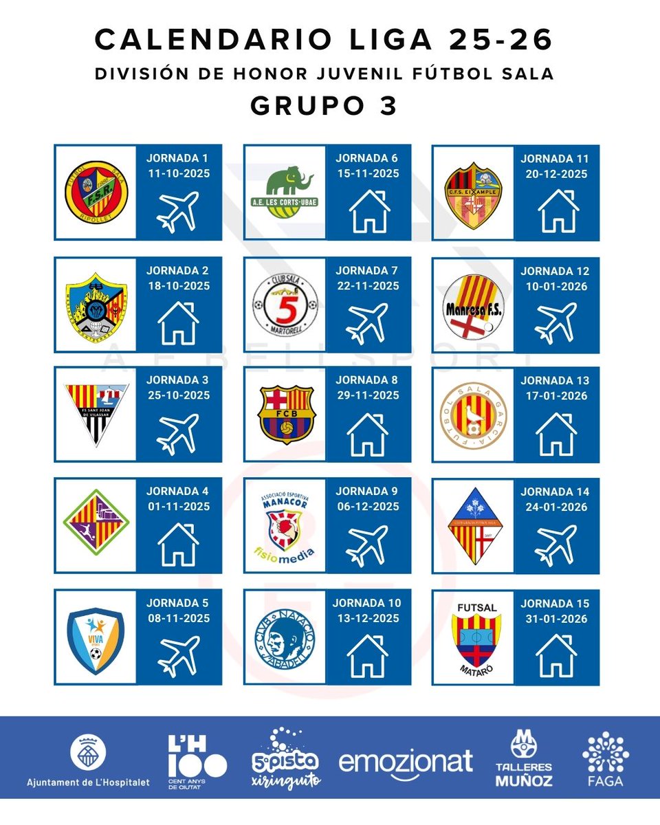 aebellsport's tweet photo. 📅 Calendario de liga 2025/2026 ⚽ 

📌 Ya tenemos los partidos y las fechas para jugar los partidos de la primera vuelta de la nueva temporada 25/26 del juvenil A.

Som Bellsport 💙🖤

#Temporada2526 #futsal #futbol #futbolsala #somosbellsport #Bellsport #Bellvitge #LHospitalet https://t.co/vMTKC27yNR