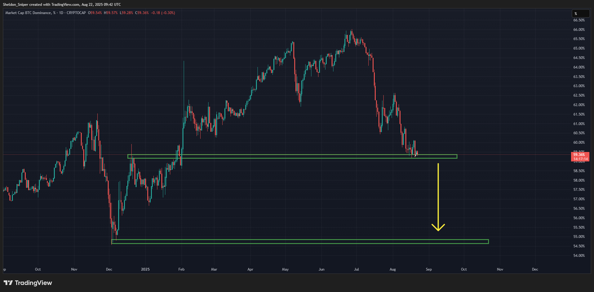 Dominance about to lose big support , huge drop coming once lost this level . there is no ways im bearish on alts right now . im 97% all in on the market