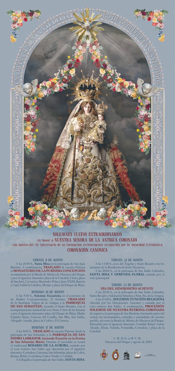 Días 22 y 23 de agosto, en Hinojosa del Duque, Cultos extraordinarios en honor a Ntra. Sra. de la Antigua.
Los puedes ver en elquincenaldelospedroches.es/hinojosa/