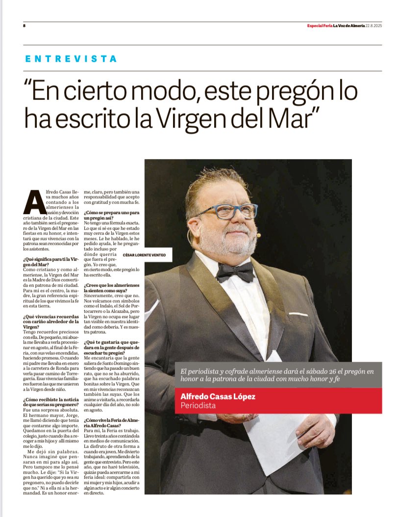 Mañana, nuestro directivo <a href="/AlfredCasas/">Alfredo Casas</a> pregonará a la Virgen del Mar por las fiestas de #Almería en su honor. Mucha suerte!!