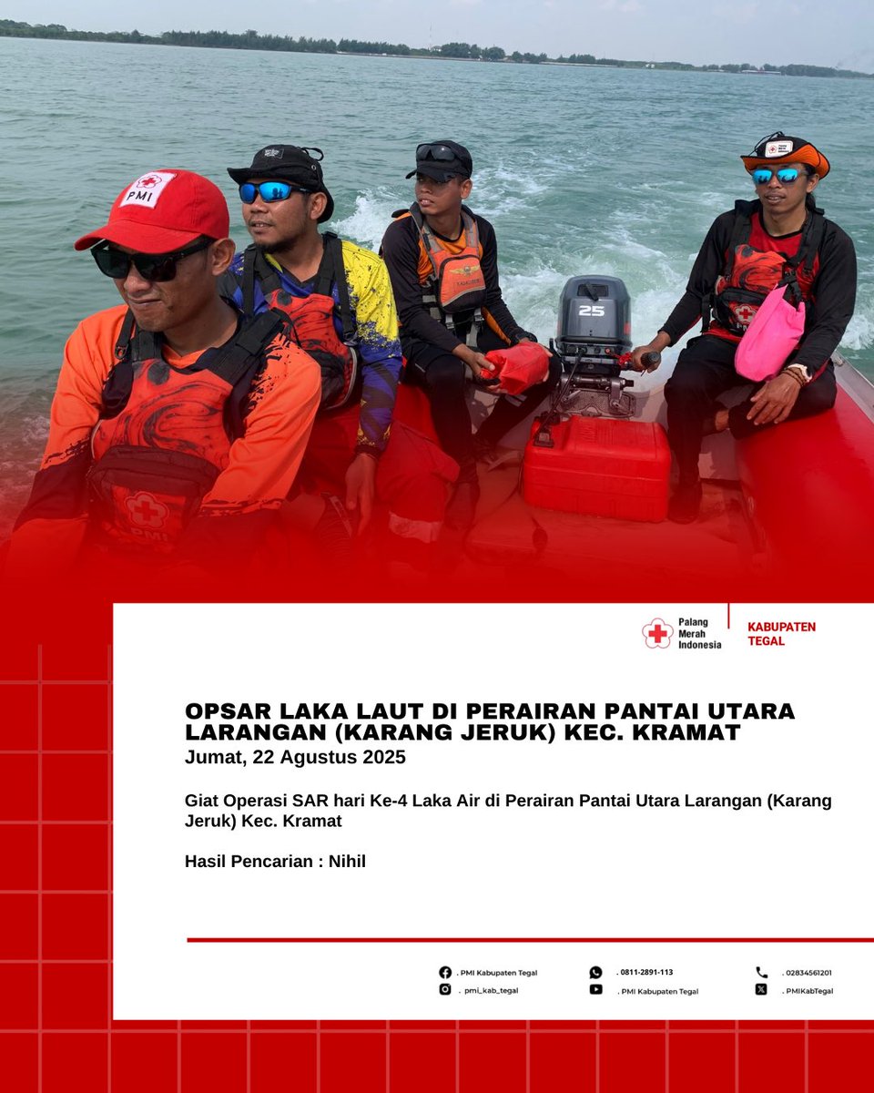 Kab. Tegal - Jateng l Jumat (22/08).

Giat Operasi SAR Laka Air di Perairan Pantai Utara Larangan (Karang Jeruk) Kec. Kramat

  • untuk hasil hari ini masih NIHIL

#PMIKabTegal
#PMISelaluBantu
#MenolongSepenuhHati
#TerusTebarKebaikan