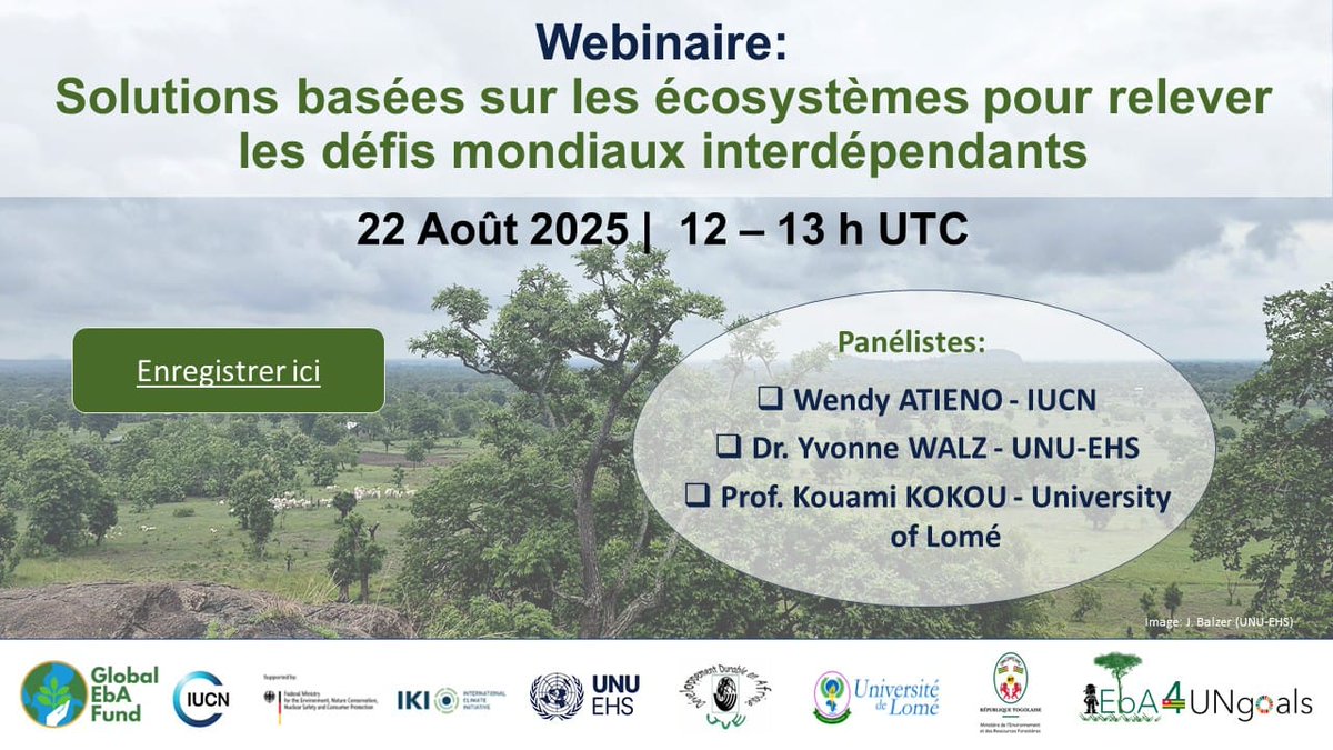 Luttah Aluora (@laluora) on Twitter photo 🌿 Approfondissez vos connaissances sur l’Adaptation Basée sur les Écosystèmes (#EbA)
Une opportunité unique pour comprendre comment la nature peut être au cœur des solutions climatique🌿
👉 Inscrivez-vous ehs-unu-edu.zoom.us/webinar/regist… #EbA4UNGoals <a href="/UniveLomeTg/">Université de Lomé</a> <a href="/UNUEHS/">UN University - EHS</a> <a href="/GlobalEbAFund/">Global EbA Fund</a> 🌿 Approfondissez vos connaissances sur l’Adaptation Basée sur les Écosystèmes (#EbA)
Une opportunité unique pour comprendre comment la nature peut être au cœur des solutions climatique🌿
👉 Inscrivez-vous ehs-unu-edu.zoom.us/webinar/regist… #EbA4UNGoals <a href="/UniveLomeTg/">Université de Lomé</a> <a href="/UNUEHS/">UN University - EHS</a> <a href="/GlobalEbAFund/">Global EbA Fund</a>