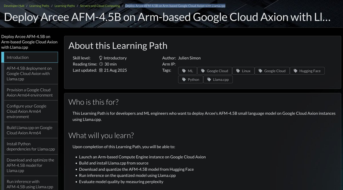 Small language models like <a href="/arcee_ai/">Arcee.ai</a>
 AFM-4.5B and <a href="/Arm/">Arm</a>-based CPUs are a great match.

My latest tutorial was just published on the Arm website. I'm walking you through setting up a <a href="/Google/">Google</a> Axion instance, downloading and optimizing the model, running inference, and evaluating