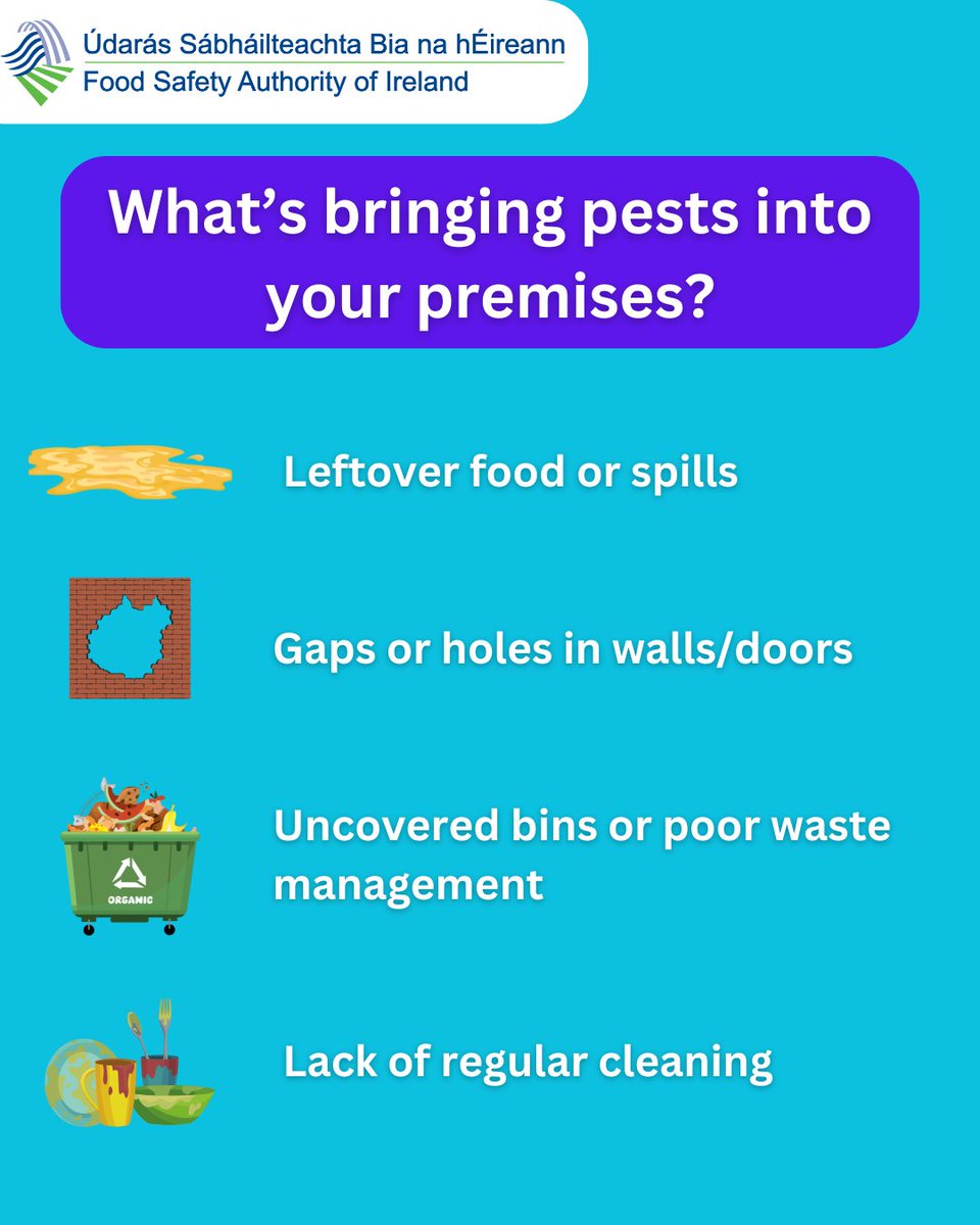 FSAIinfo's tweet image. 🐀 Don't let pests take over your premises! 🚫

Following last month’s Enforcement Orders, we’re reminding all food businesses of the importance of preventing and controlling pests.

 ow.ly/5OEM50WI4Hp

#FoodSafety #FSAI #PestPrevention #RodentControl #FoodBusinessTips