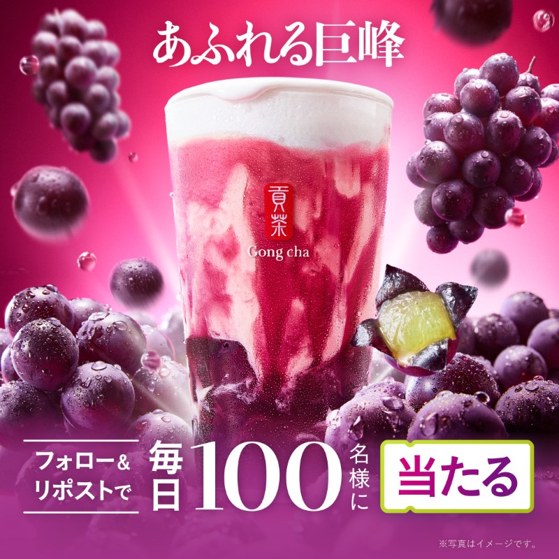 gongcha_japan's tweet photo. 😋あふれる巨峰キャンペーン😋

食欲の秋にぴったりな巨峰ドリンクが登場🍇
巨峰のあふれだす魅力ぜんぶにひたってみない？

💜💜💜

毎日1⃣0⃣0⃣名様に
『あふれる巨峰』
お好きな１つを🎁

💜💜💜

フォロー&amp;リポストで応募🎯

※当選者のみDMで自動送信
※この投稿は9/3 7:59まで