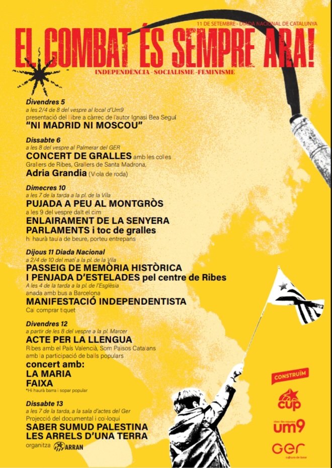 🔥 El combat és sempre ara!
📅 Del 5 al 13 de setembre omplim els carrers de Ribes i Roquetes amb actes per la #Diada2025.
🚩 Independència · Socialisme · Feminisme

👉 Consulta el programa complet i participa!
#ElCombatÉsSempreAra #PaïsosCatalans #spribes