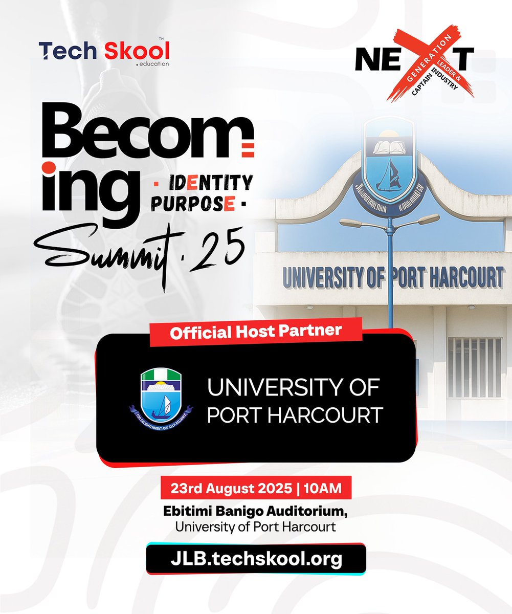 techskooledu's tweet photo. We are excited to announce University of Port Harcourt as the Host Partner for the Becoming Summit 2025!
The summit will be held at Ebitimi Banigo Auditorium, Abuja Campus, University of Port Harcourt, Nigeria.
~ https://t.co/dqcsKPYPwS
#techskooledu #becomingsummit2025 https://t.co/1FjKYjDa5d