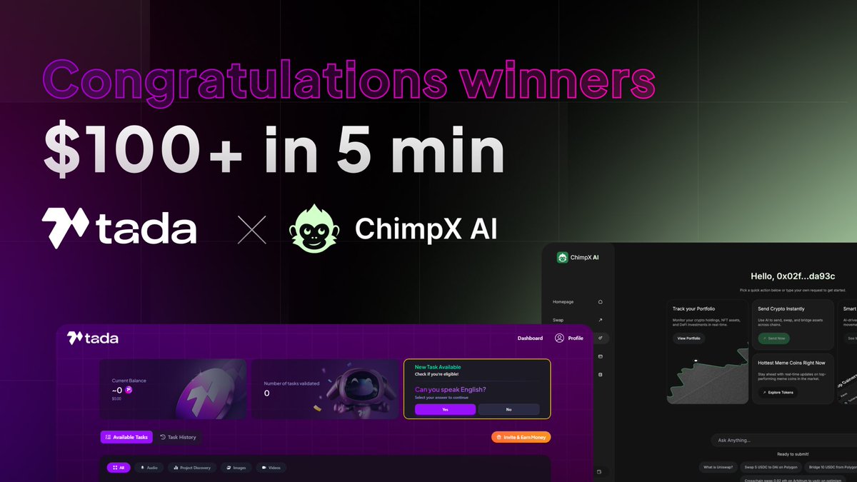 We’re late, but guess what? We’ve got more winners! 🎉

Big congrats to the winners of the <a href="/Ta_da_io/">Ta-da</a> × <a href="/ChimpxAI/">ChimpX AI ✨</a> campaign.

🔥 Shoutout to our 5 main winners who secured both $TADA + $HOOTs rewards.
🥳 And because we like surprises, 5 more lucky winners are walking away with