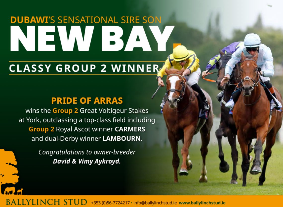 EBN (@bloodstocknews) on Twitter photo Classy Group 2 winner for <a href="/BallylinchStud/">BallylinchStud</a>'s NEW BAY 💥
🏆 PRIDE OF ARRAS wins the Gr.2 Great Voltigeur Stakes at York, outclassing a top-class field including Group 2 Royal Ascot winner Carmers and dual-Derby winner Lambourn.
Congratulations to owner/breeder David & Vinny Classy Group 2 winner for <a href="/BallylinchStud/">BallylinchStud</a>'s NEW BAY 💥
🏆 PRIDE OF ARRAS wins the Gr.2 Great Voltigeur Stakes at York, outclassing a top-class field including Group 2 Royal Ascot winner Carmers and dual-Derby winner Lambourn.
Congratulations to owner/breeder David & Vinny