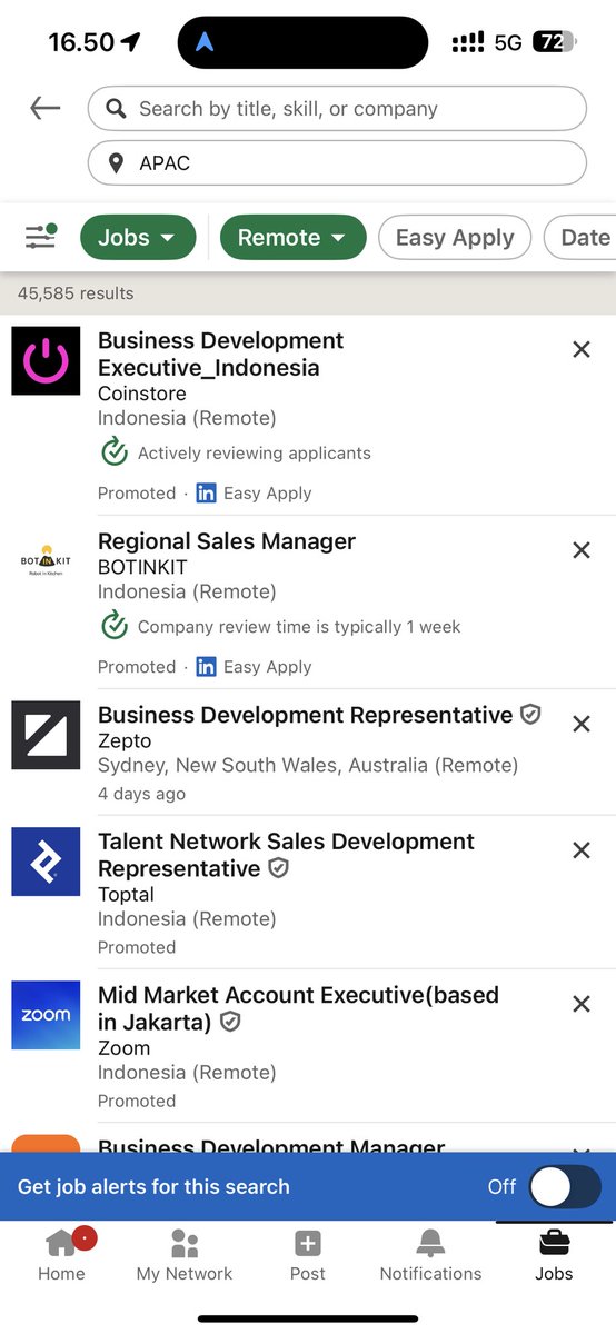 kevinsebast_'s tweet photo. Cukup pake Linkedin. 

Pergi ke Jobs, setting location bagusnya APAC (karena perusahaan yg hiring remote dan open buat orang Indo, cenderung set locationnya APAC). 

Setting working set upnya remote. 

Tapi, jangan asal apply CV nya please benerin dulu 🤙. 

Thank me later 😊. https://t.co/gVbJYyoysh