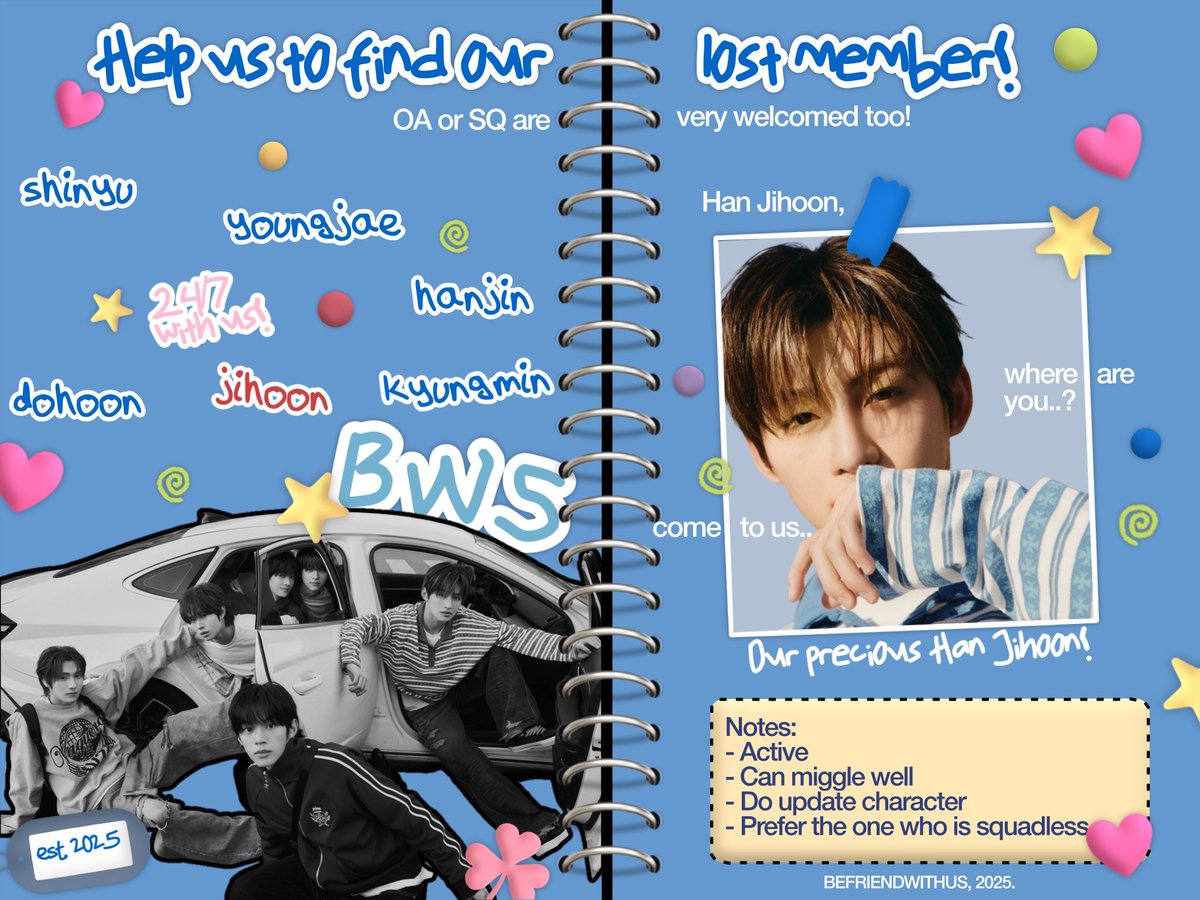 โถ ๐ฎ๐ฐ/๐ณ, ๐ฃ๐ฆ๐ง๐ณ๐ช๐ฆ๐ฏ๐ฅ๐ธ๐ช๐ต๐ฉ๐ถ๐ด! เญญ ห. แตแต (@befriendwithus) on Twitter photo โโ .โฆ ๐ต๐ฒ๐ฎ is gathered and shining bright, but something feels incomplete. Thereโs one missing piece in our circle, it's our ๐๐๐ฃ ๐
๐๐๐ค๐ค๐ฃ! ๐
๐๐๐ค๐ค๐ฃ-๐๐, we are calling you! We canโt spell together without every one of us. Come back and make BWS whole again! เญญห. โโ .โฆ ๐ต๐ฒ๐ฎ is gathered and shining bright, but something feels incomplete. Thereโs one missing piece in our circle, it's our ๐๐๐ฃ ๐
๐๐๐ค๐ค๐ฃ! ๐
๐๐๐ค๐ค๐ฃ-๐๐, we are calling you! We canโt spell together without every one of us. Come back and make BWS whole again! เญญห.