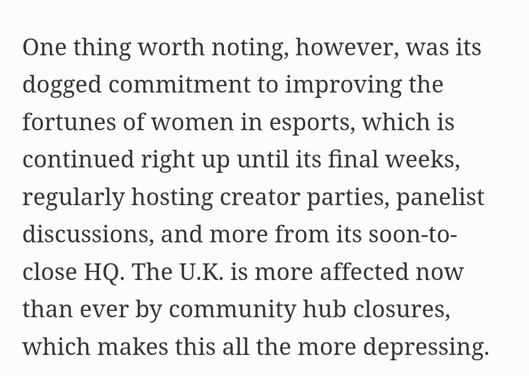 What makes it depressing <a href="/Forbes/">Forbes</a> is that you've practically given Guild a glowing write-up, despite Guild not improving the fortunes of women in esports, but exploiting us, lying to us and not paying us. Its actual commitment was fleecing sponsors for money.