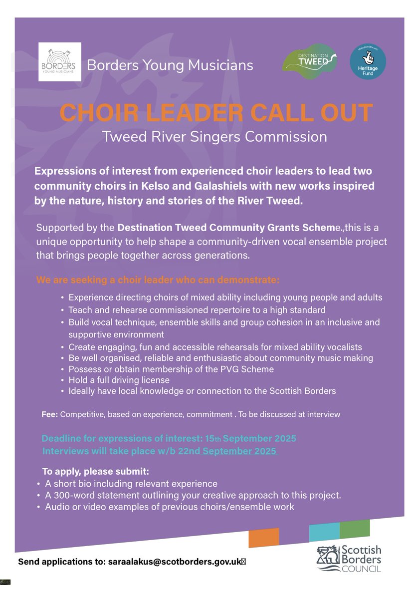 Borders Young Musicians are currently seeking expressions of interest for a new community choir leader based in Galashiels and Kelso. The project is inspired by the River Tweed and supported by Destination Tweed and The Heritage Fund