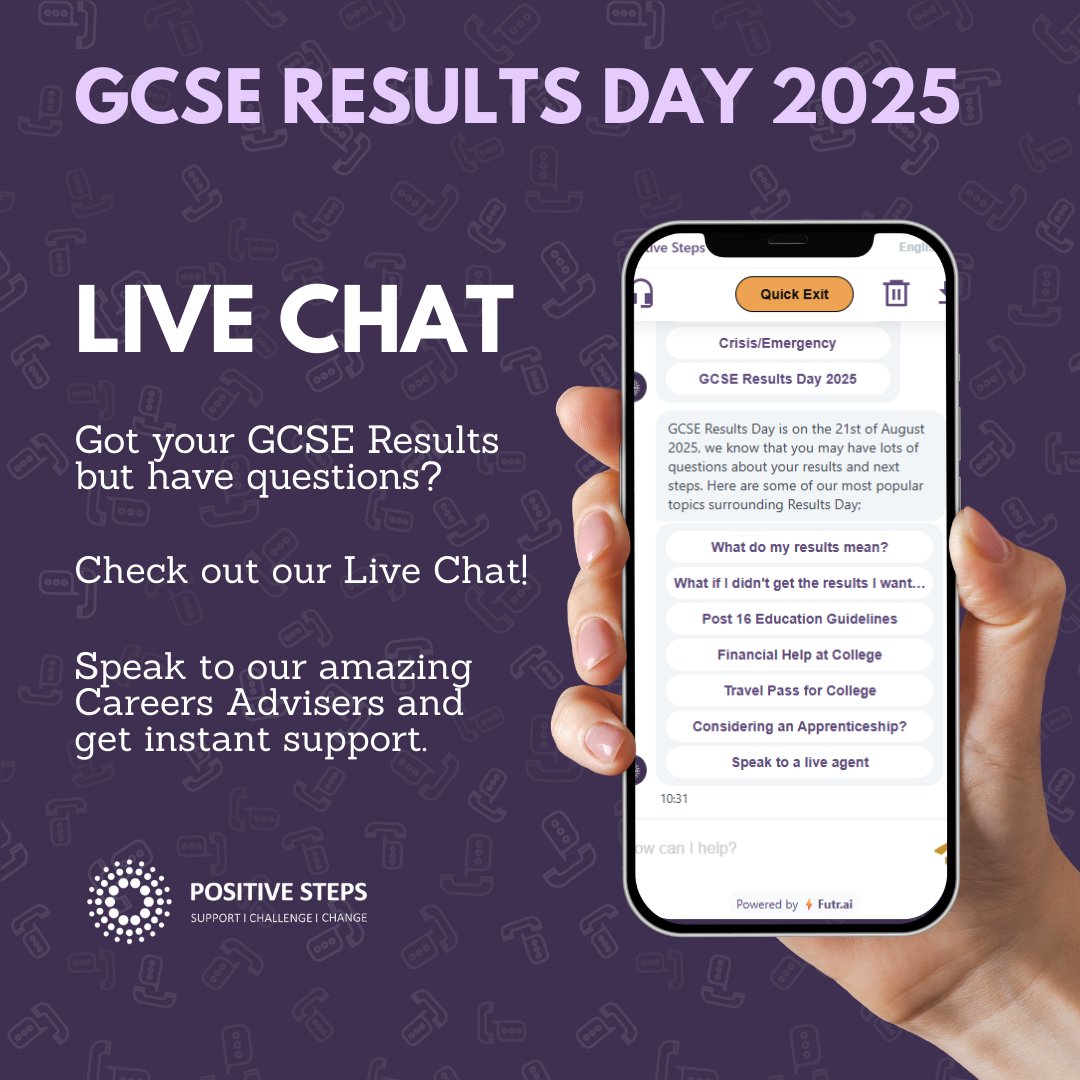 PositiveSteps's tweet image. Whatever your GCSE results look like, there are always options for your future ✨

Our careers advisers are available on Live Chat 9am–5pm to answer your questions and help you plan your next steps!

💬 Get instant support here: ow.ly/EF3150WI8YL
#GCSEResultsDay #GCSE