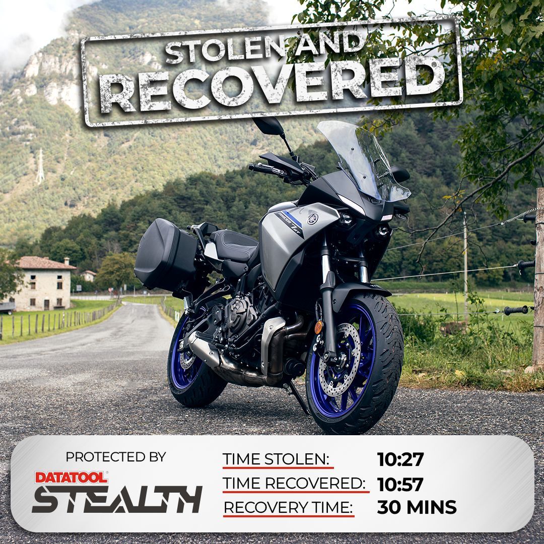 datatool's tweet image. Another speedy recovery for the team 👊

This Yamaha Tracer was confirmed as stolen after the owner of the vehicle was alerted to unauthorised movement. After liaising with the local authorities, this was recovered in just 30 minutes, thanks to our Datatool Stealth tracker! 🚨
