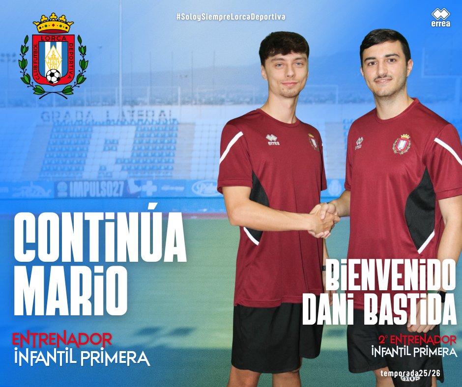 📣 CONTINÚA
⚽ INFANTIL PRIMERA

Mario continúa como entrenador del #InfantilPrimera y para ser su segundo llega al #Lorca Deportiva, Dani Bastida. 

#ContinúaMario
#BienvenidoDani
#SoloySiempreLorcaDeportiva