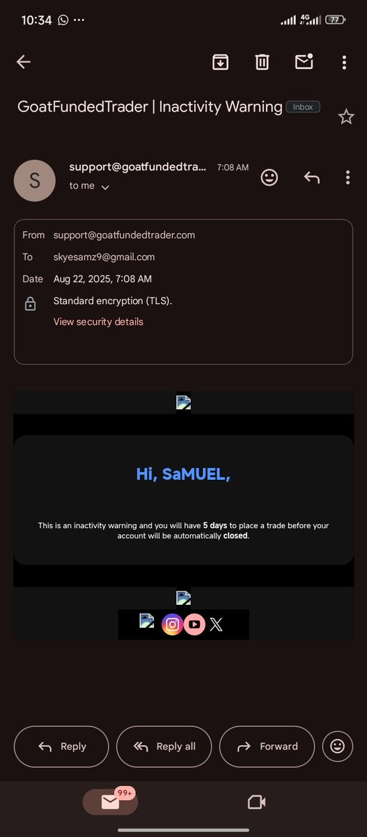 FaleyeSamuel9's tweet photo. Hello @GoatFunded what's going on here please

I received a mail this morning saying my account will expire in five(5) days for inactivity if I don't place a trade 

I immediately went on to login the account on mt5 and place a buy on GJ which is still running in profit atm https://t.co/wQ5DK5kdcZ