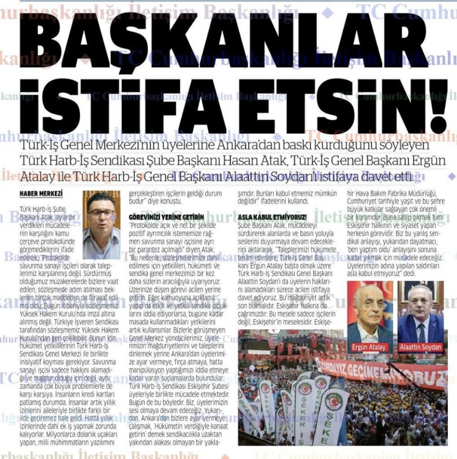 Harbiseskisehir's tweet photo. 21 Ağustos Perşembe günü şube binamızda, TİS süreci ve yaşanan gelişmeler hakkında açıklamalarda bulunduk. Bu açıklamalarda bir kez daha; Ergün ATALAY ve @soydan_alaattin ’ı, işçilerin taleplerini karşılamayan duruşları sebebiyle istifaya davet ettik.  @turkiskonf @harb_is https://t.co/kYRYwK8LfF