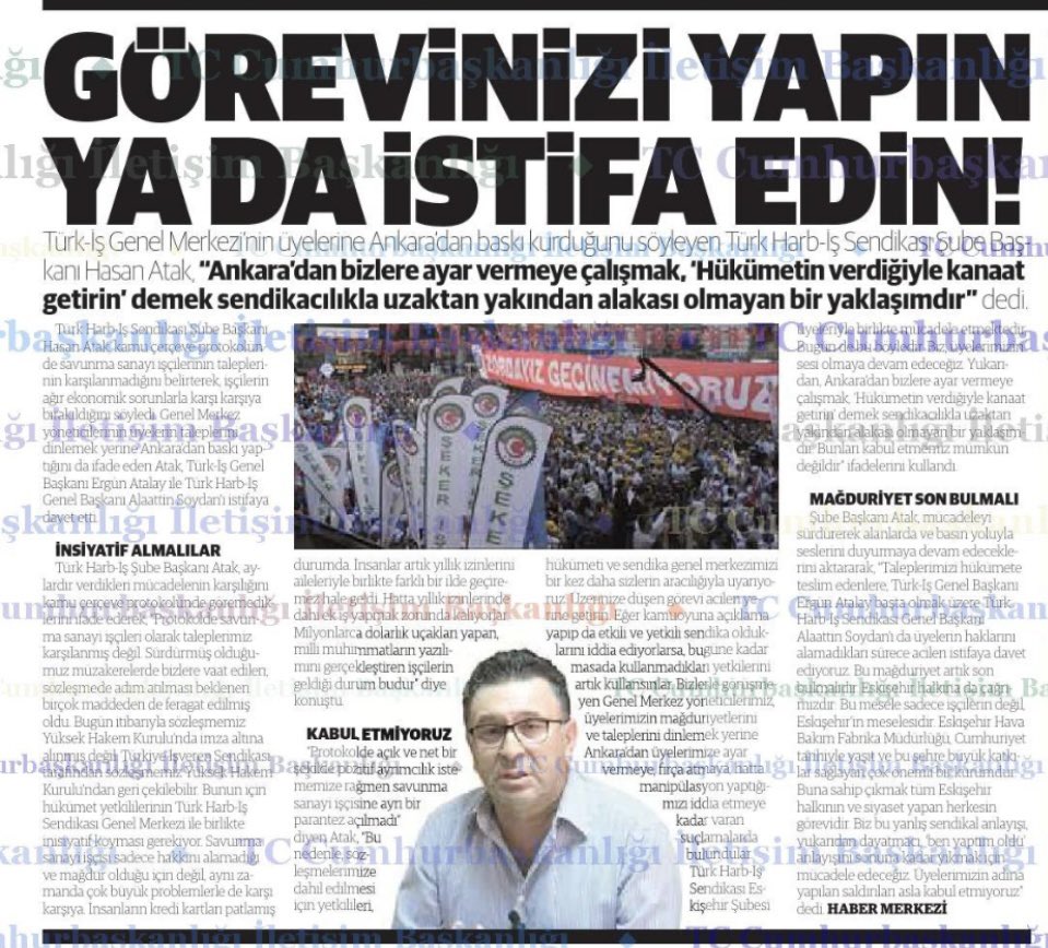 Harbiseskisehir's tweet photo. 21 Ağustos Perşembe günü şube binamızda, TİS süreci ve yaşanan gelişmeler hakkında açıklamalarda bulunduk. Bu açıklamalarda bir kez daha; Ergün ATALAY ve @soydan_alaattin ’ı, işçilerin taleplerini karşılamayan duruşları sebebiyle istifaya davet ettik.  @turkiskonf @harb_is https://t.co/kYRYwK8LfF