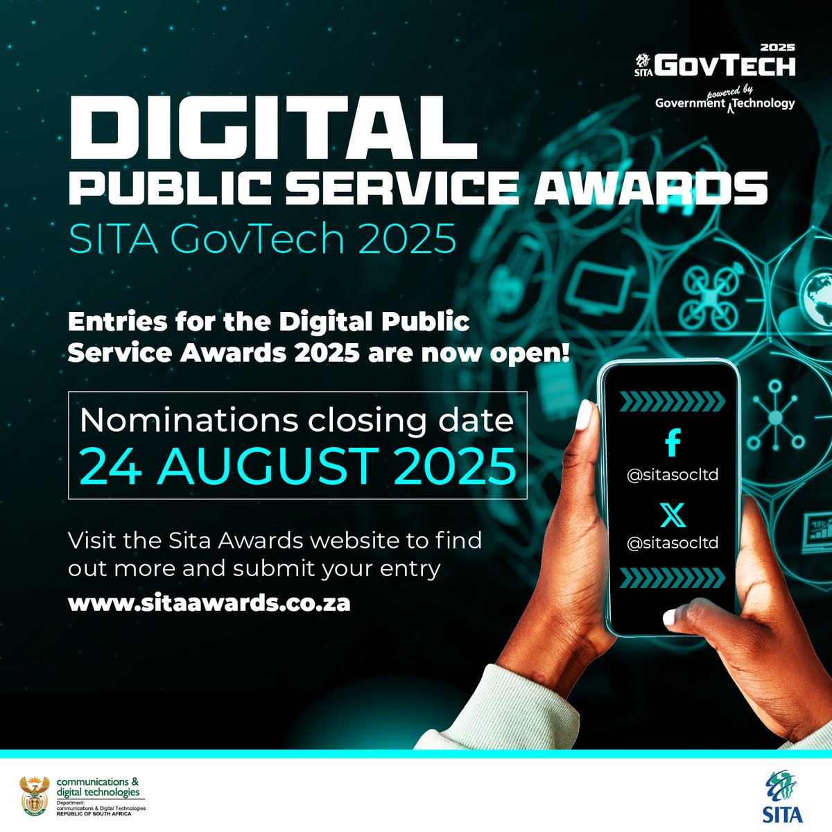govtechZA's tweet photo. The Digital Public Service Awards recognise and celebrate ICT innovation in the public sector. Nominate yourself, your entity or a project at https://t.co/AoDC3lt5Kn before 24 August 2025, and you could win your share of over R1 million.

#SITA #GovTech2025 #DigitalTransformation https://t.co/UtnKlHC74h