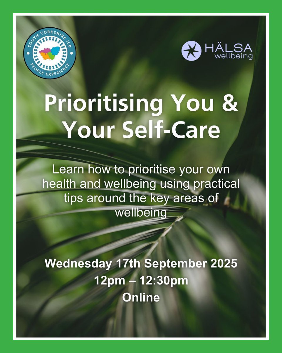This session focuses on the importance of YOU and your Health and Wellbeing. We demonstrate how to make self-care habitual by using practical tips to support your overall health and wellbeing ❤️ 

Click here to book: bookwhen.com/sybicshwb/e/ev…