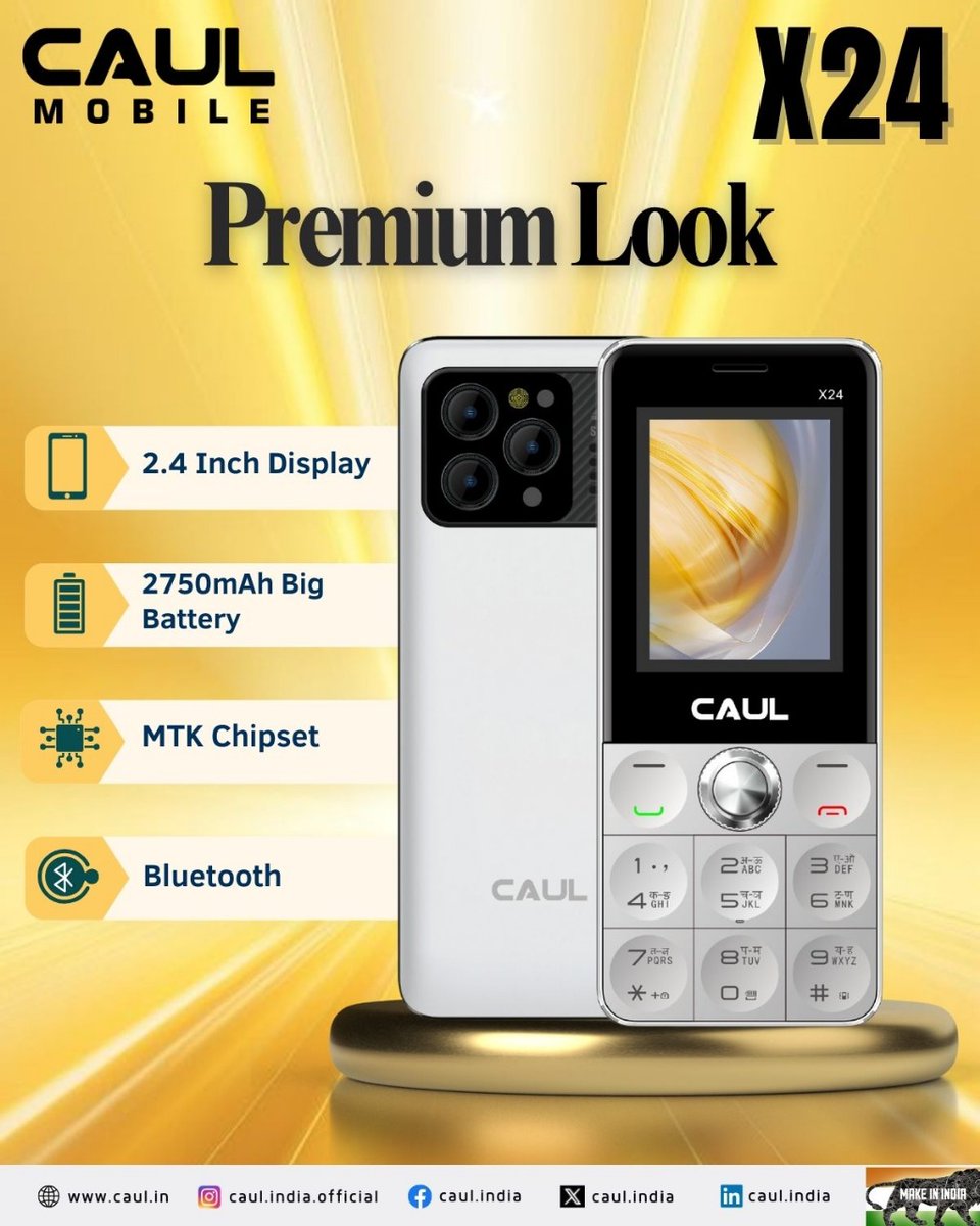 CaulIndia's tweet image. Caul X24 — Style &amp;amp; Power in One.
2.4" LCD, 2750mAh battery, Bluetooth &amp;amp; MTK chipset for reliable everyday performance.

📞 Contact us:+91-9990330058

#CaulX24 #FeaturePhone #LongBatteryLife #BluetoothTech #MadeInIndia #SmartChoice
