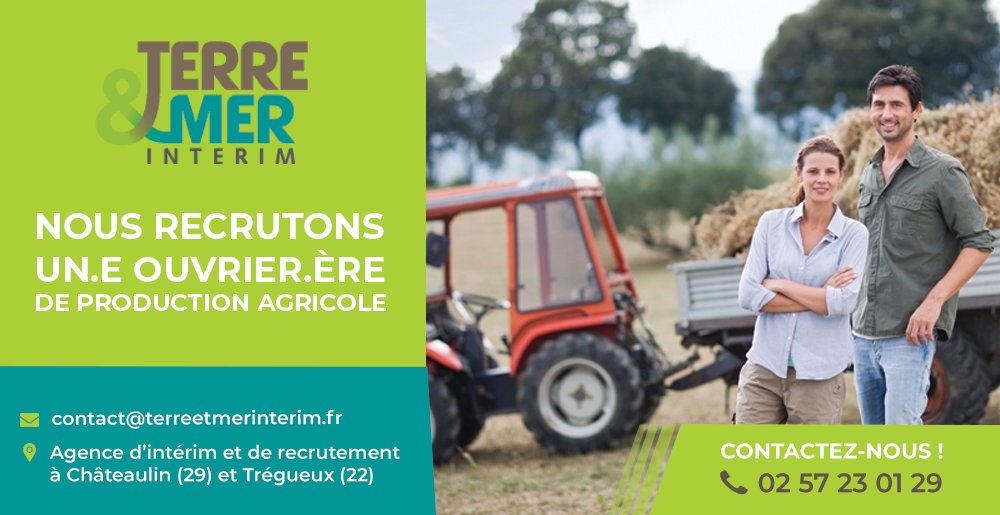 URGENT !! 
📢 OFFRE D'EMPLOI
Nous recrutons un #OUVRIER DE PRODUCTION #AGRICOLE (H/F) à #PORDIC (22)
 
Contactez-nous au 02 57 23 01 29 et envoyez votre CV à contact@terreetmerinterim.fr  ou annonces-interim.bzh/terre--mer-int…
 
 À bientôt ! 😉
#Recrutement #Agriculture #offredemploi