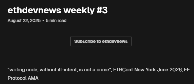 ethdevnews weekly #3

🧑‍💻 “writing code, without ill-intent, is not a crime”
🗓️ <a href="/ethereumconf/">ETHConf</a> New York June 2026
❓ <a href="/ethereumfndn/">Ethereum Foundation</a> Protocol AMA