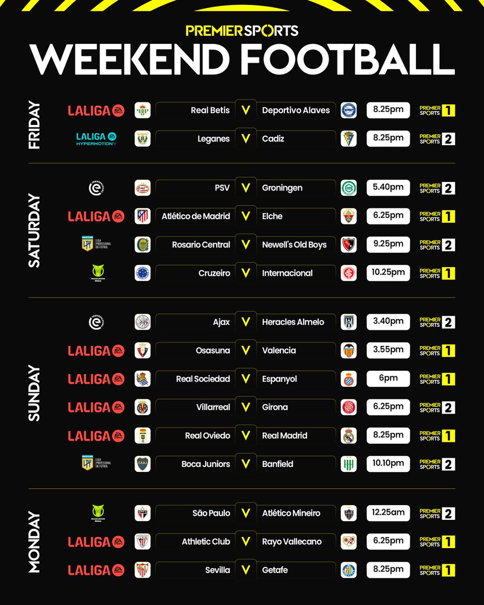 Gear up for a bank holiday football feast 🍽️

Plenty of live European and South American action coming your way on Premier Sports 📺