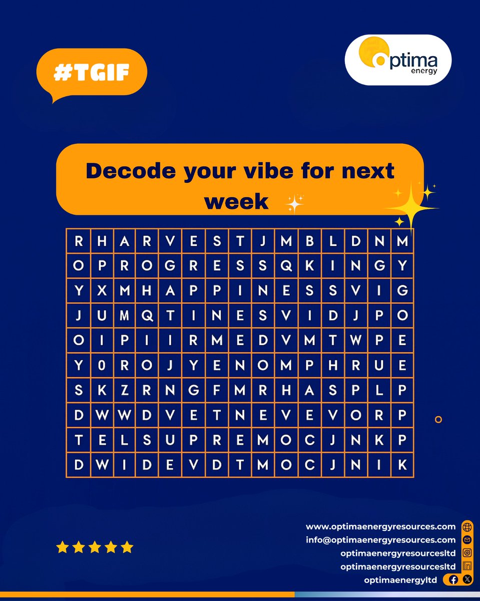 TGIF!💛

How many words can you find?

Tell us in the comments!

#optimaenergy
#downstreamoilandgas
#tgif
#energywithpossibilities