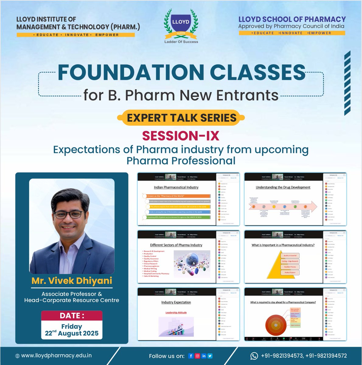 lspgrnoida's tweet photo. 🌟 Expert Talk Series | Session IX 🌟
B.Pharm new entrants gained valuable insights on “Expectations of Pharma Industry from Upcoming Pharma Professionals” by Mr. Vivek Dhiyani.
💡 Key Takeaways: Industry trends, drug development, skills &amp; attributes for future pharma leaders. https://t.co/PgV2ItISUf