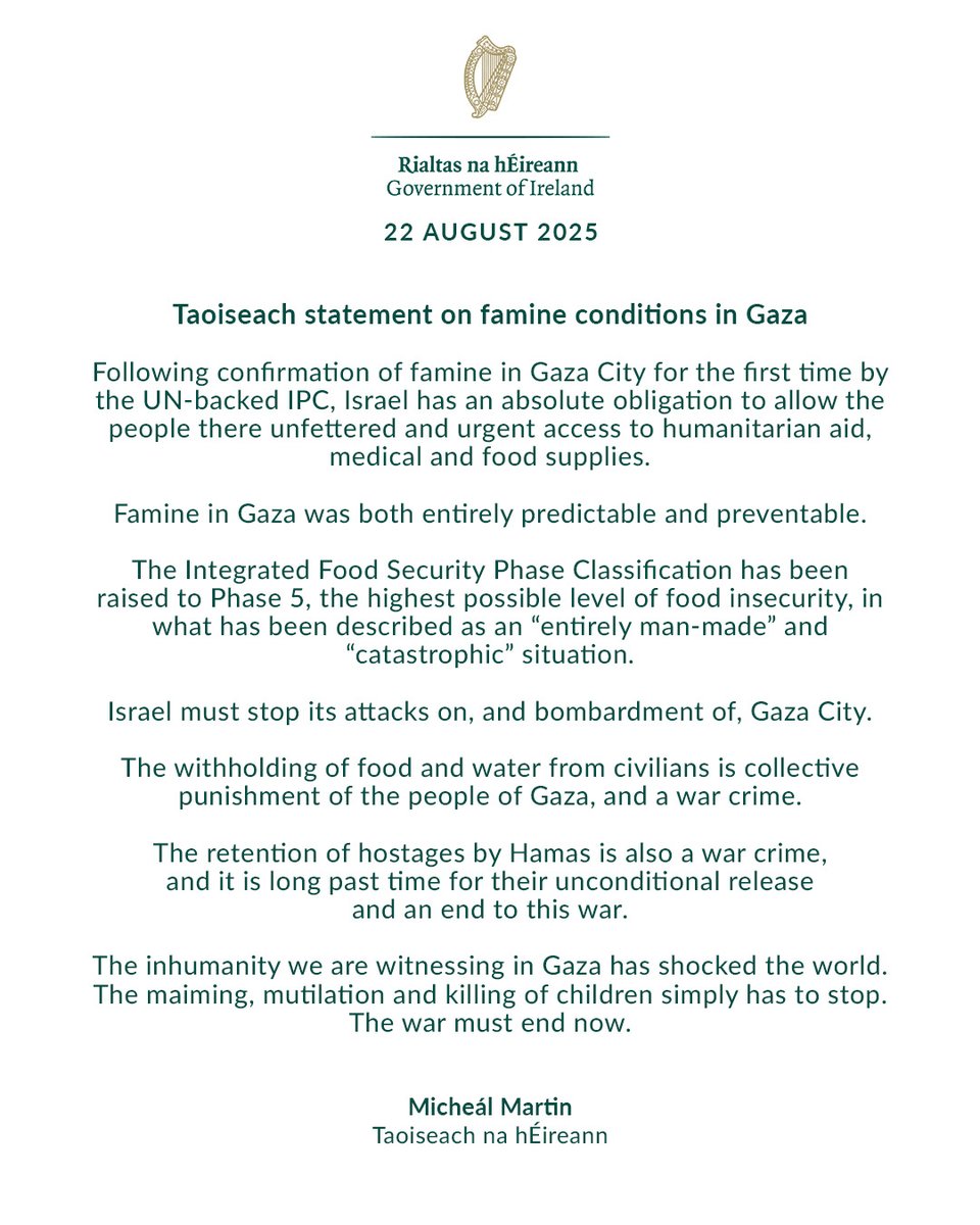 Following confirmation of famine in Gaza City for the first time by the UN-backed IPC, Israel has an absolute obligation to allow the people there unfettered and urgent access to humanitarian aid, medical and food supplies.
