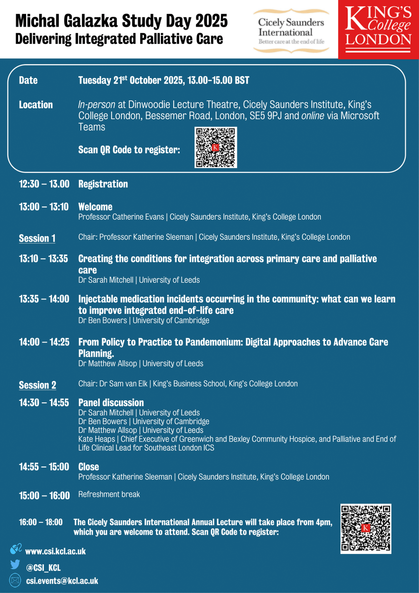 We are pleased to announce the speaker line-up for this year’s Michal Galazka International Study Day 2025 "Delivering Integrated Palliative Care"
Registration is NOW OPEN!
Click here to register your place shorturl.at/JzMwG